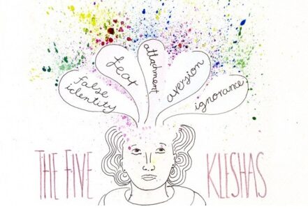 A hand-drawn illustration of a face with five thought bubbles labeled ignorance, false identity, attachment, aversion, and fear, titled The Five Kleshas.